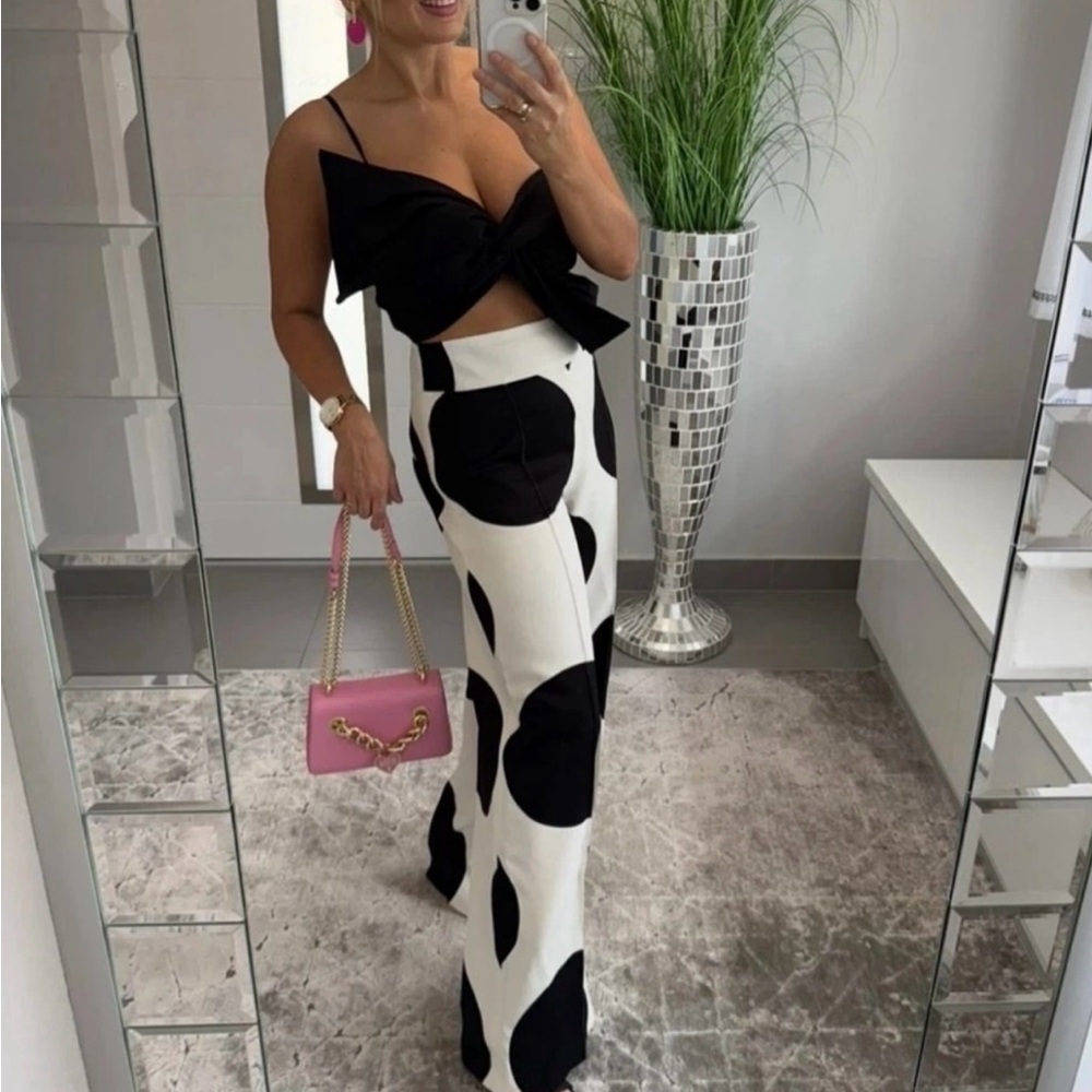 ZARA MID-RISE ZW POLKA DOT WIDE-LEG PANTS BLACK WHITE